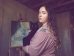 Photo Portrait of Artist, Cat, and Painting